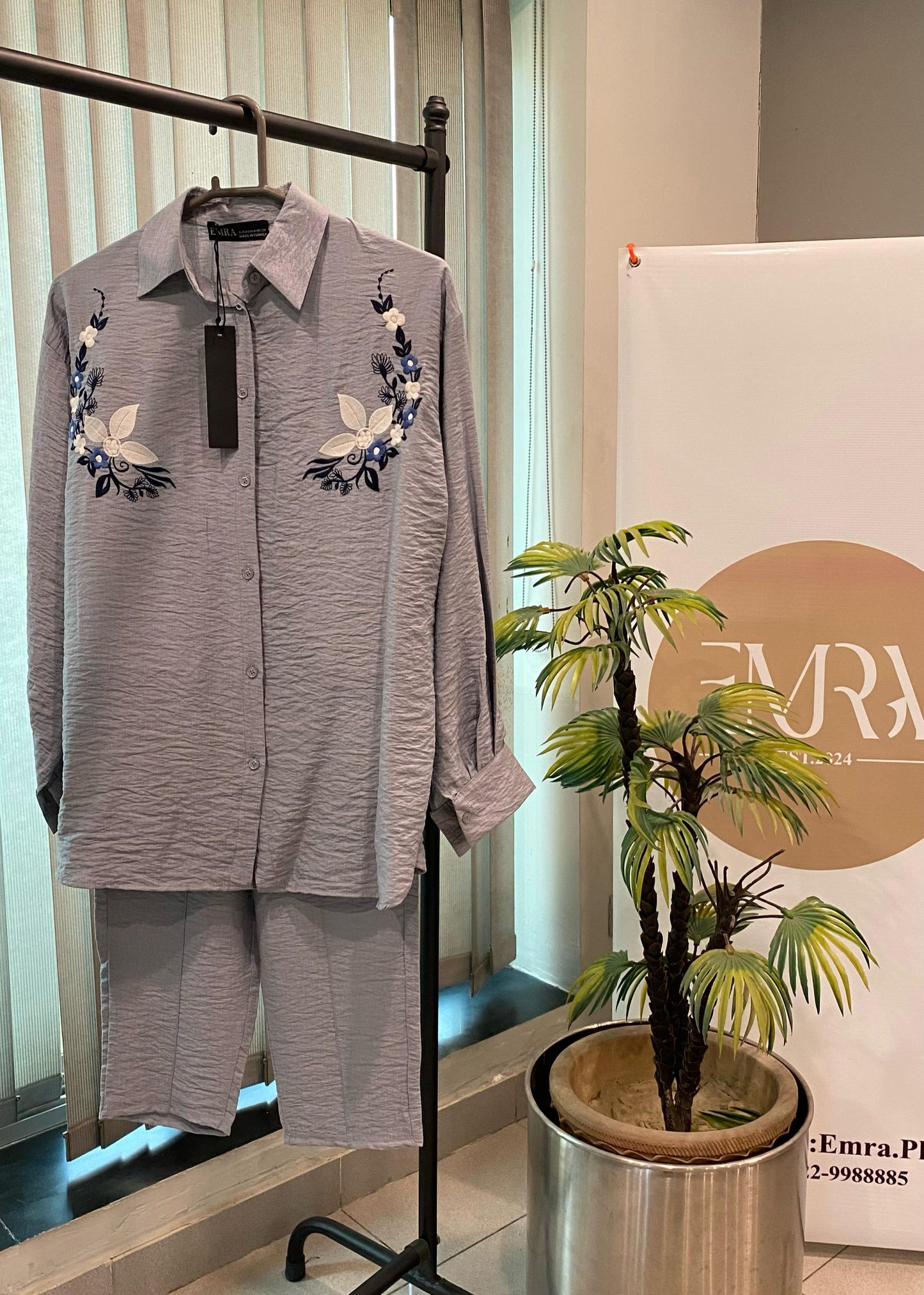 Grey Flower Embroidered Set
