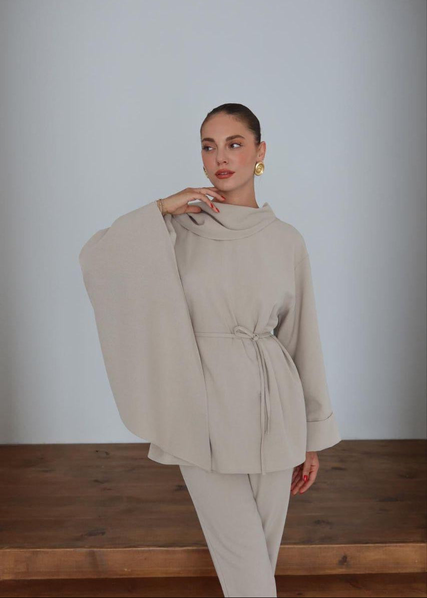 Cream Draped Shoulder Co-Ord Set