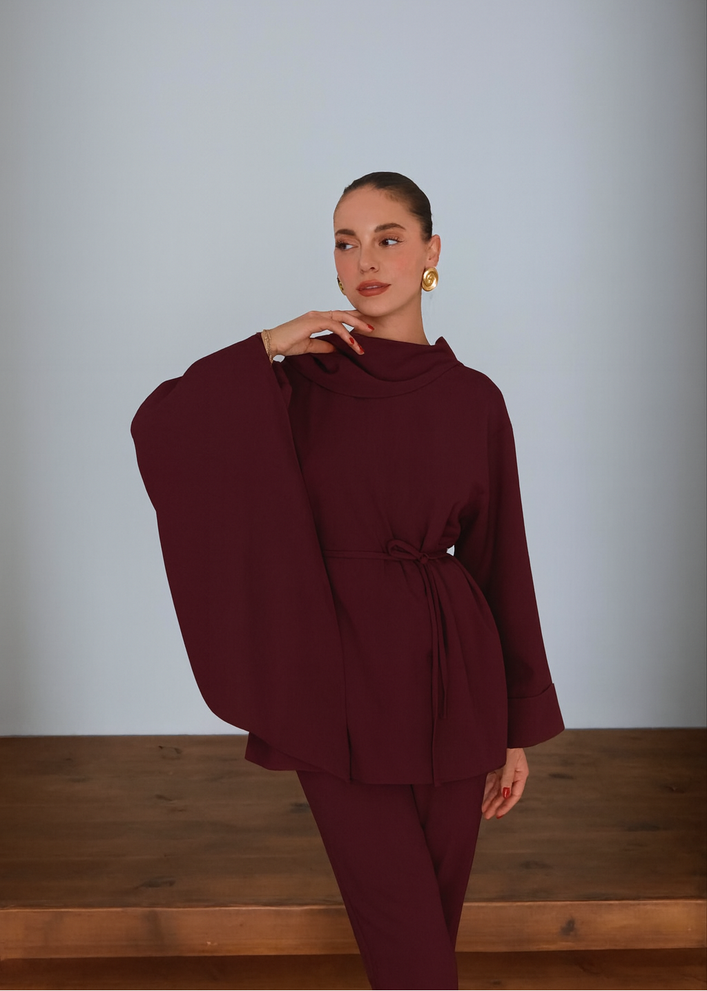 Maroon Draped Shoulder Co-Ord Set