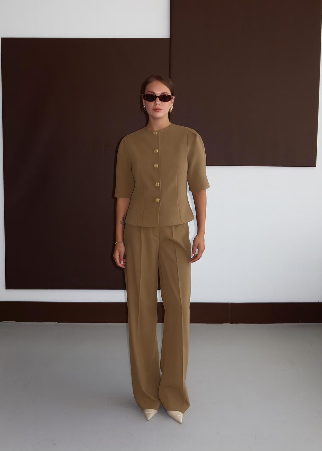 Khaki Puffed Sleeve Blazer Set