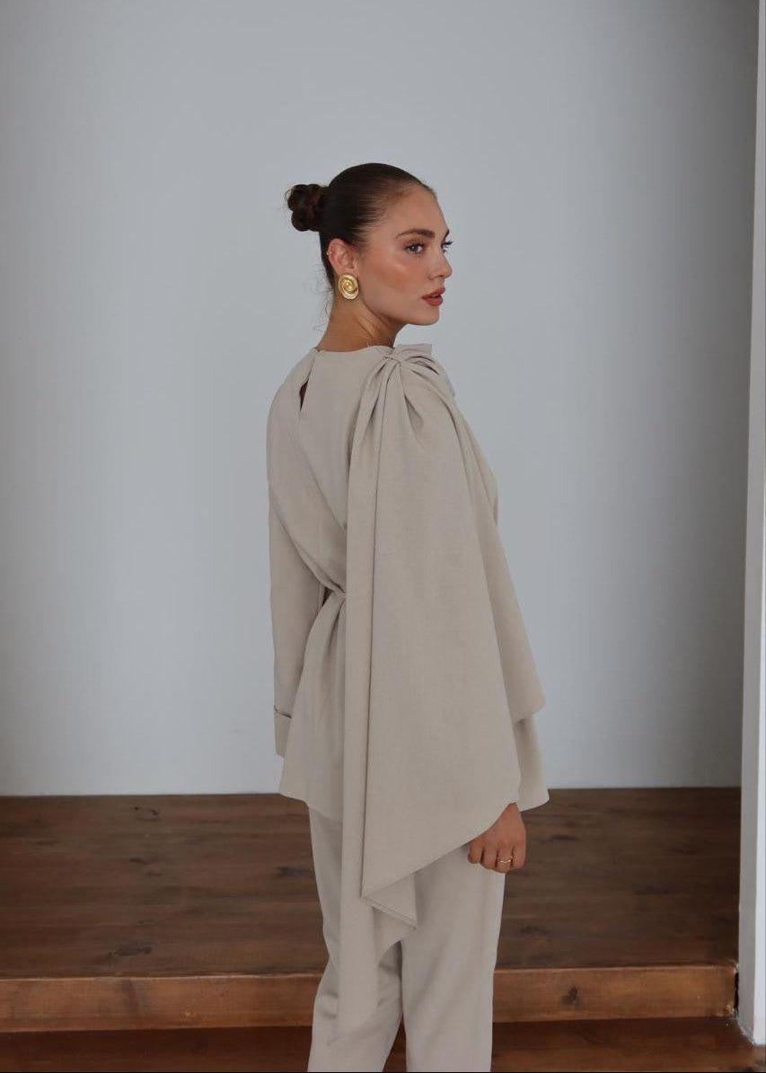Cream Draped Shoulder Co-Ord Set