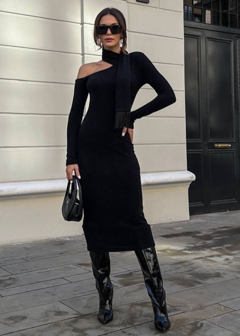 Black Dress With Scarf Detail Emra Black Dress With Scarf Detail Emra