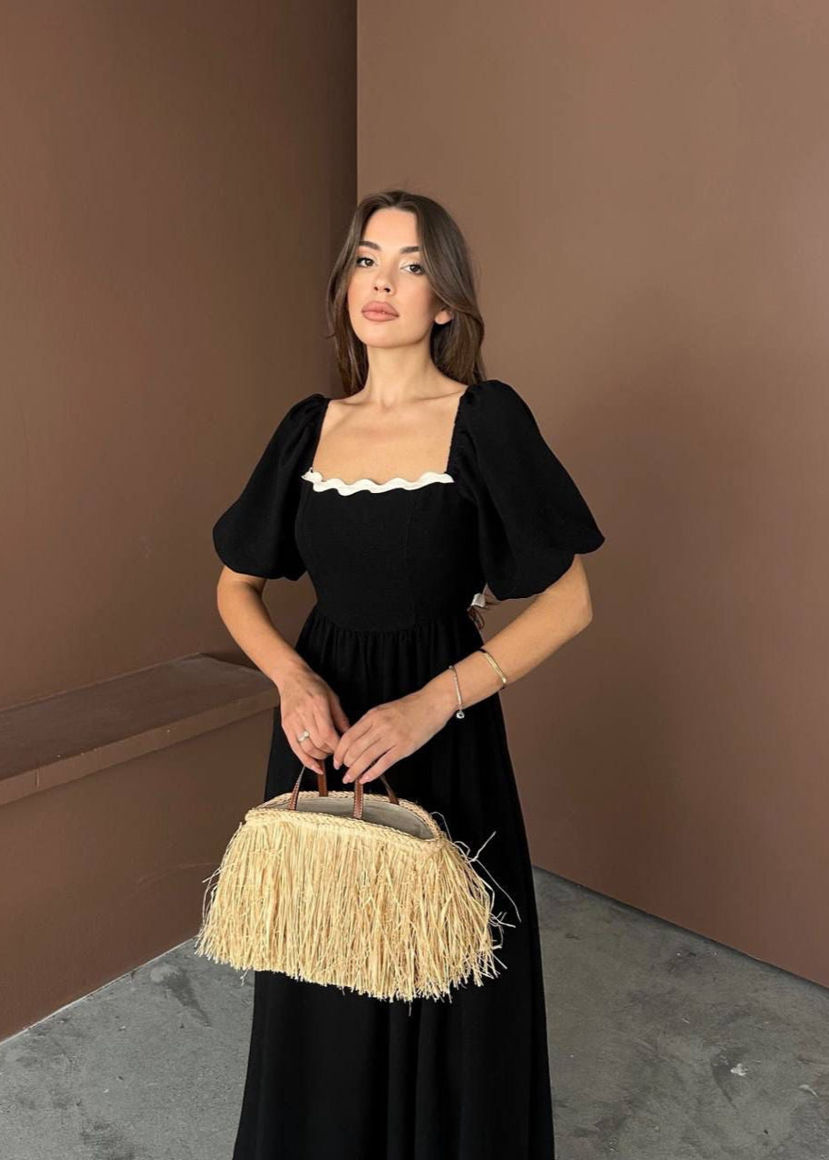 Black Puffed Sleeve Boho Dress