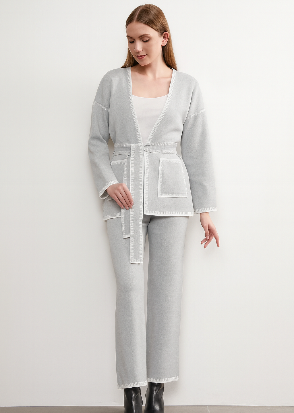 Tie Belt Cardigan Set