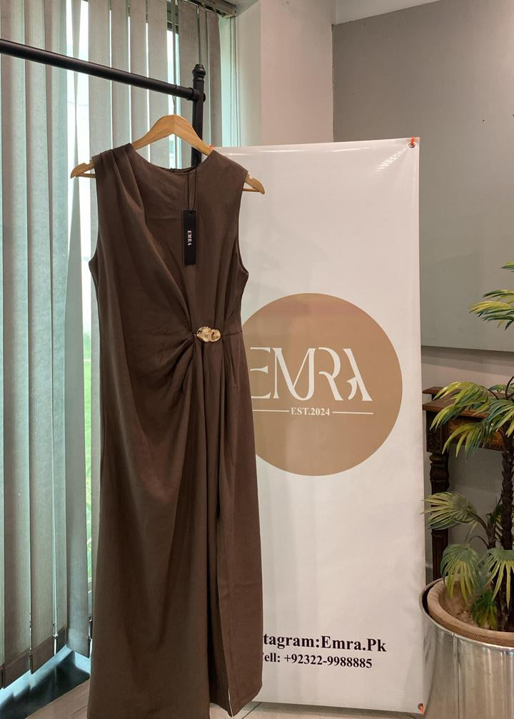 Brown Midi Dress With Gold Appliqué