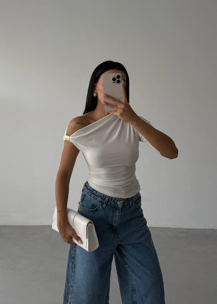 White Gold Buckle Ruched Top