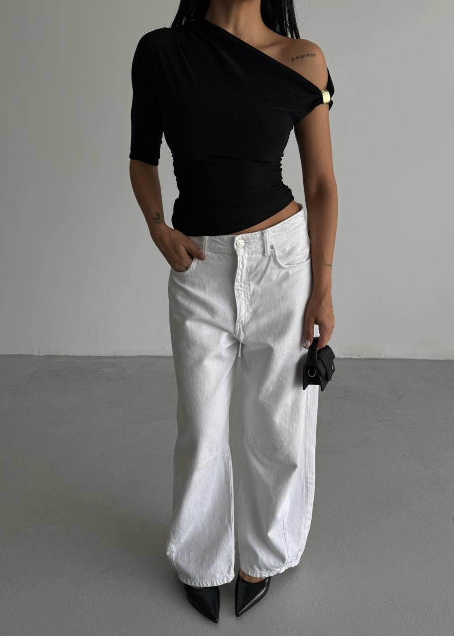 Black Gold Buckle Ruched Top