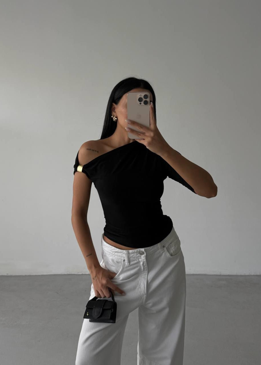 Black Gold Buckle Ruched Top