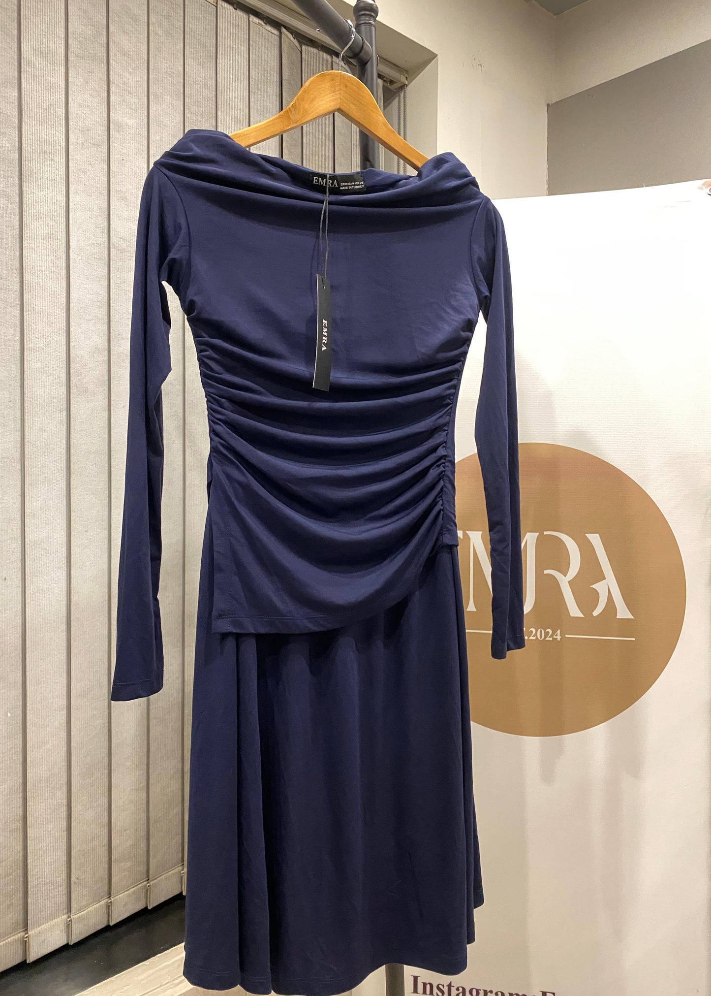Navy Blue Ruched Top Two Piece Skirt Set