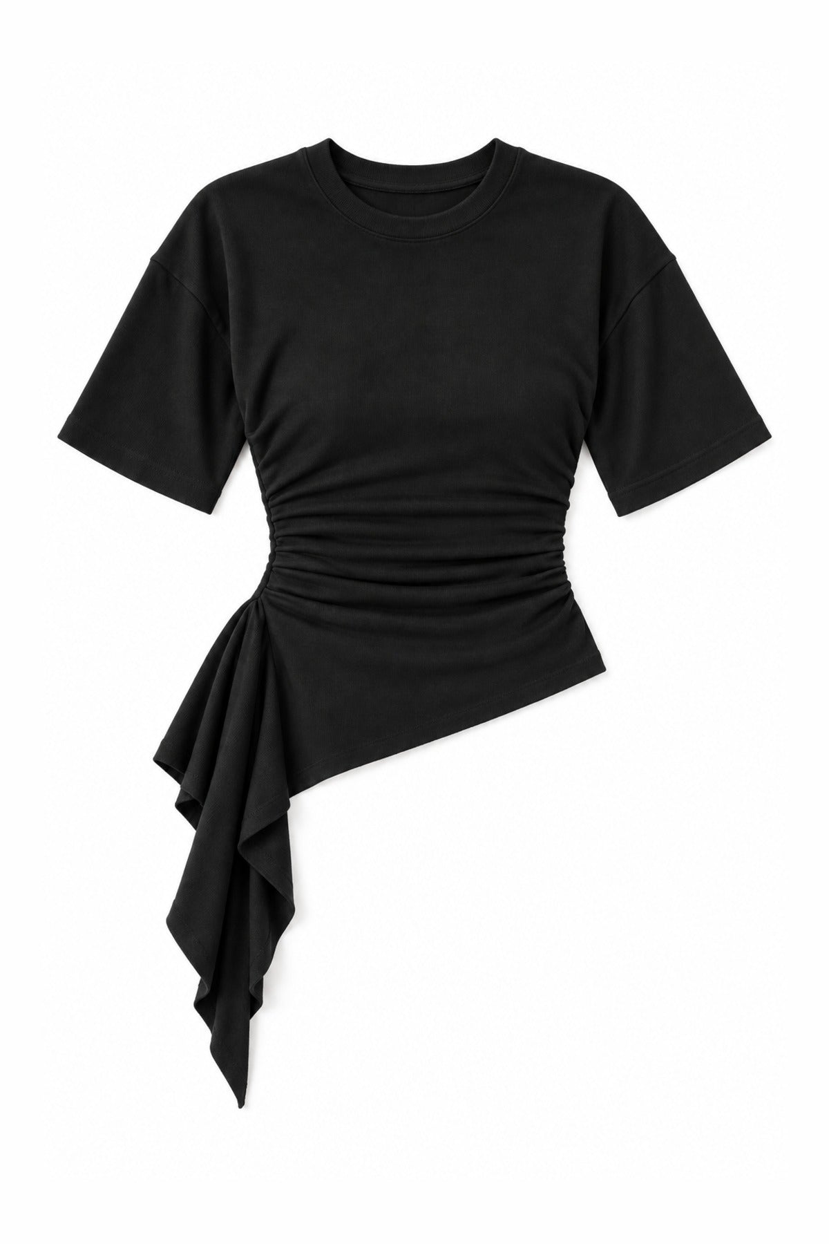 Asymmetric Ruched Top in Black, flat lay