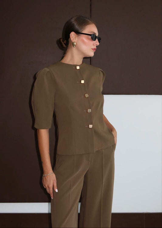Khaki Puffed Sleeve Blazer Set