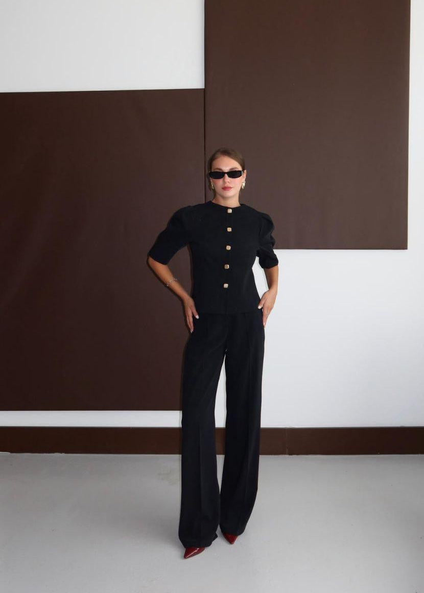 Black Puffed Sleeve Blazer Set