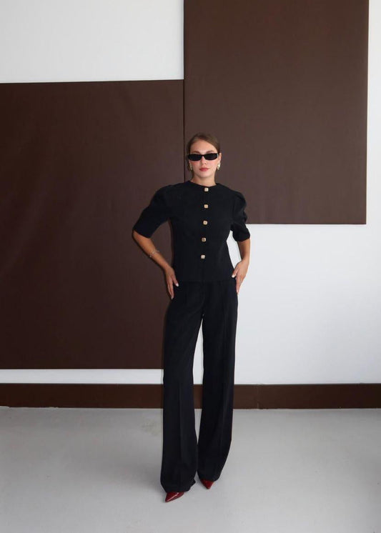 Black Puffed Sleeve Blazer Set