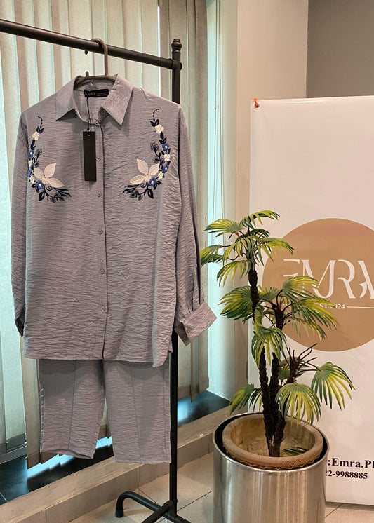 Grey Flower Embroidered Set