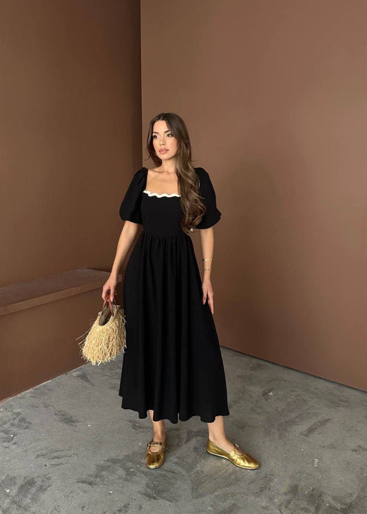 Black Puffed Sleeve Boho Dress