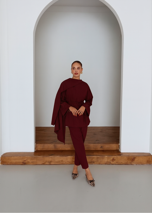 Maroon Draped Shoulder Co-Ord Set