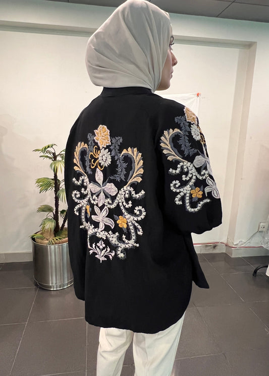 Black Embroidered Kimono Top