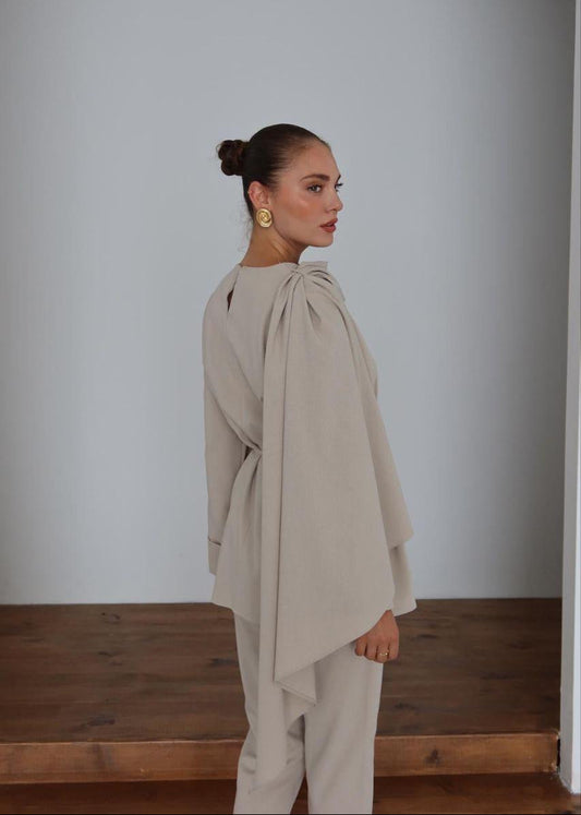 Cream Draped Shoulder Co-Ord Set