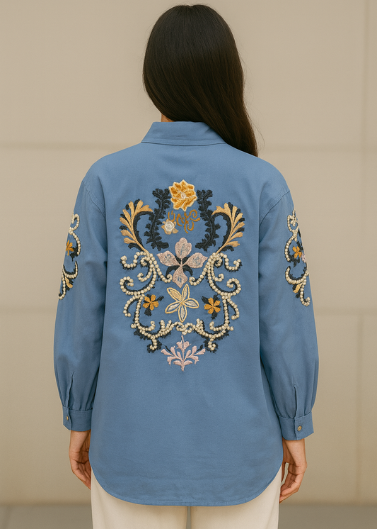 Sky Blue Embroidered Kimono Top
