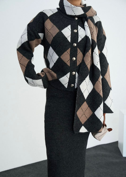Tri Color Cardigan with Scarf
