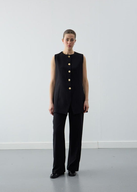 Black Sleeveless Gold Button Set
