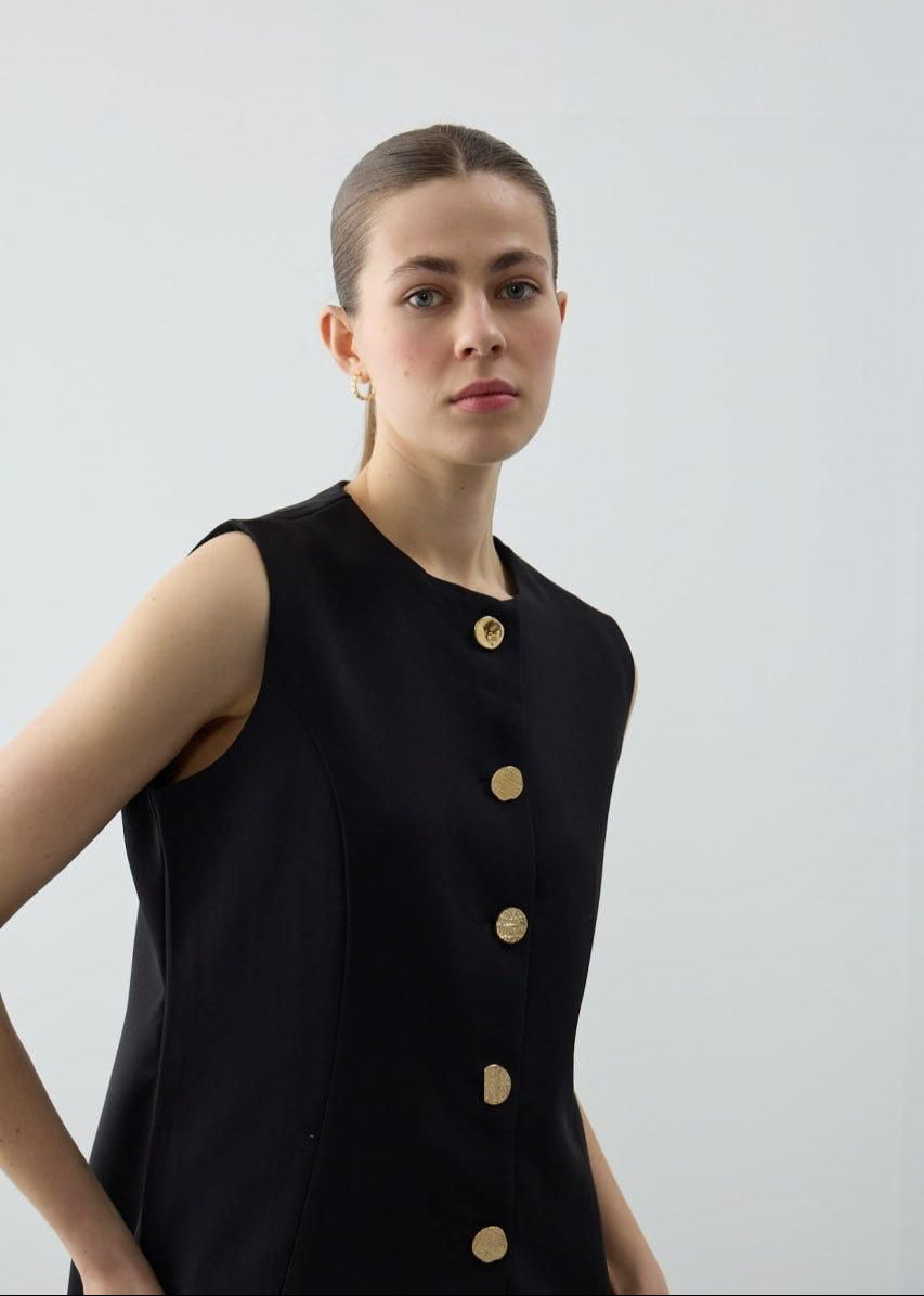 Black Sleeveless Gold Button Set