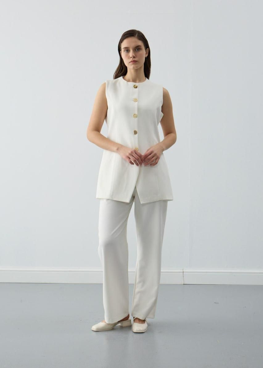 White Sleeveless Gold Button Set