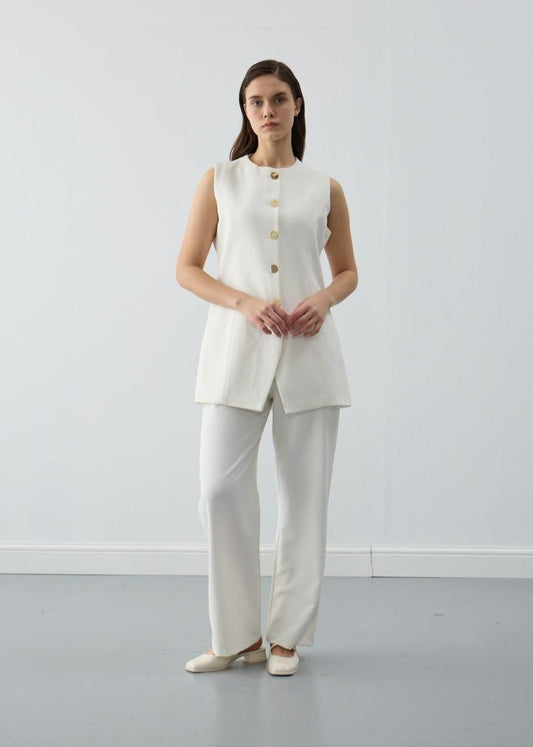 White Sleeveless Gold Button Set
