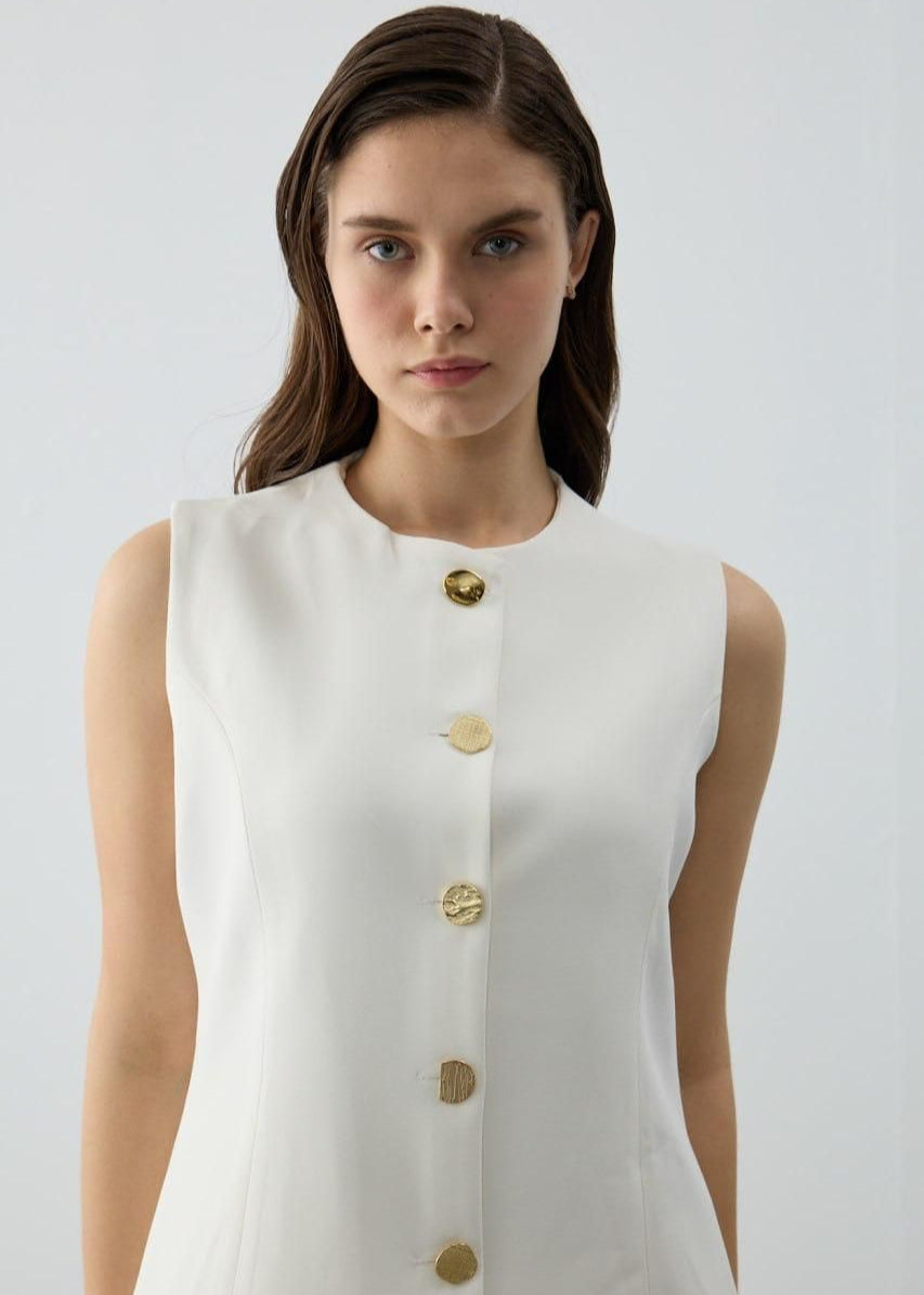 White Sleeveless Gold Button Set