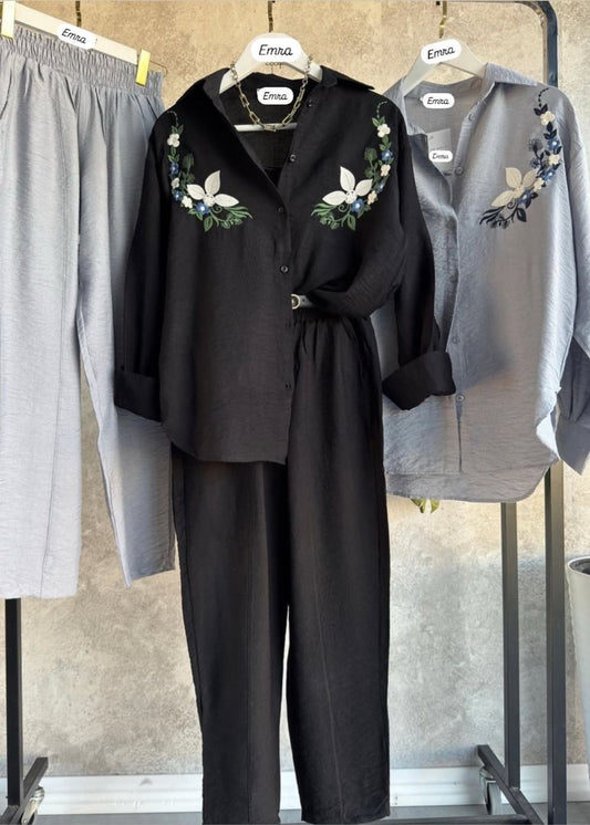 Black Flower Embroidered Set