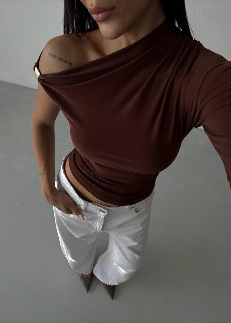 Brown Gold Buckle Ruched Top