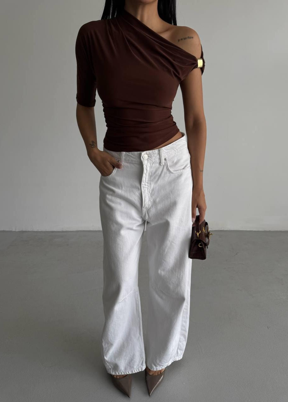 Brown Gold Buckle Ruched Top
