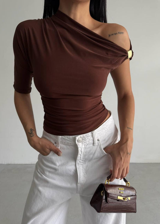 Brown Gold Buckle Ruched Top