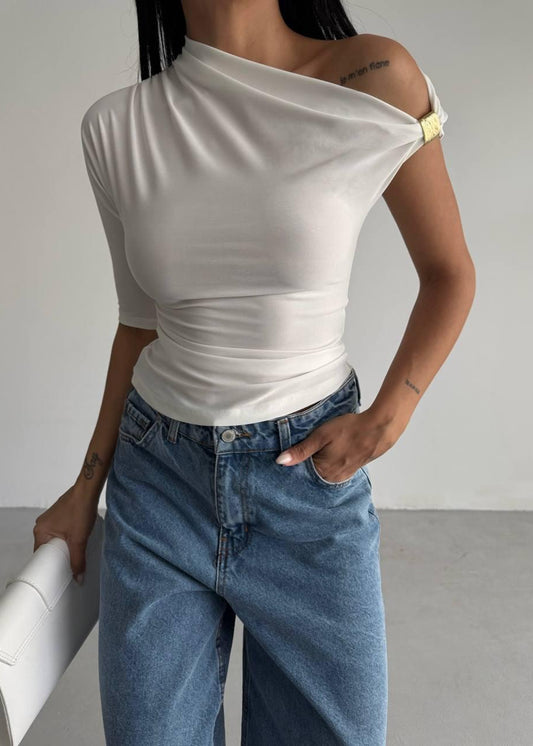 White Gold Buckle Ruched Top