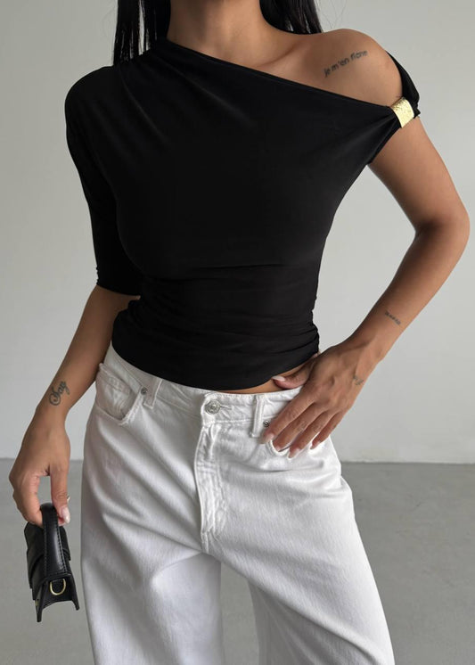Black Gold Buckle Ruched Top