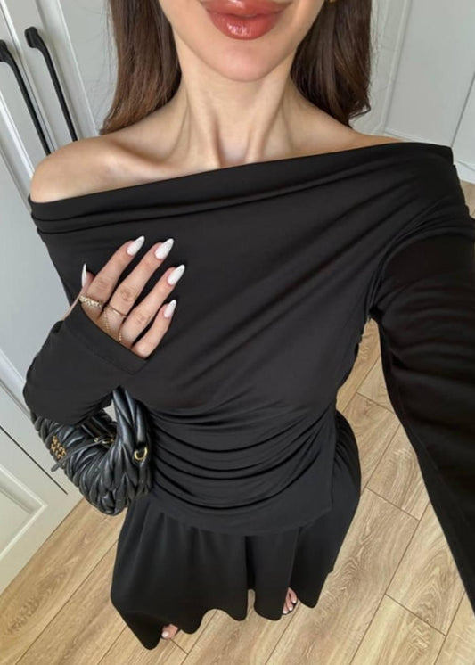 Black Ruched Top Two Piece Skirt Set
