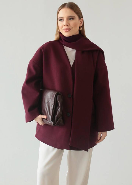Burgundy Statement Coat With Scarf