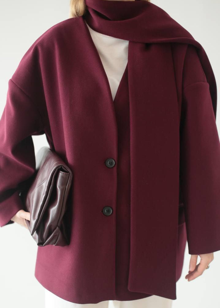 Burgundy Statement Coat With Scarf