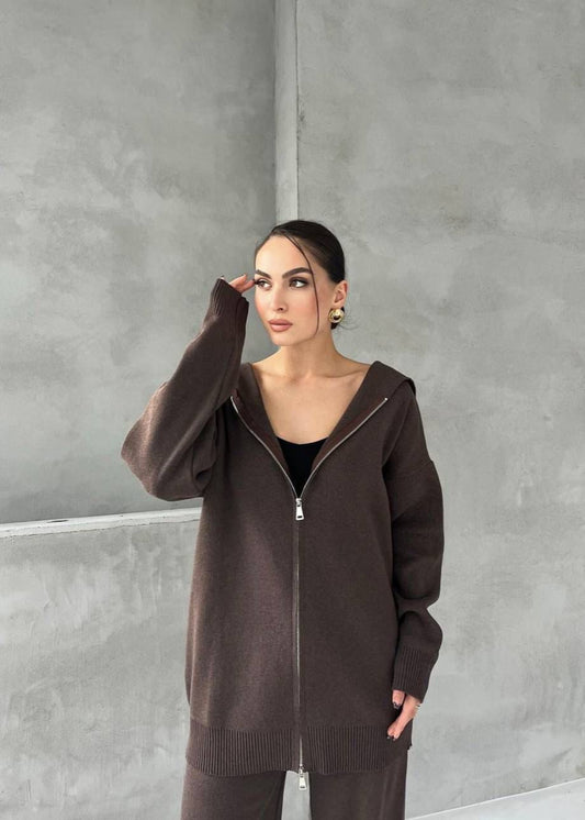 Brown Knitted Cardigan Set with Zip