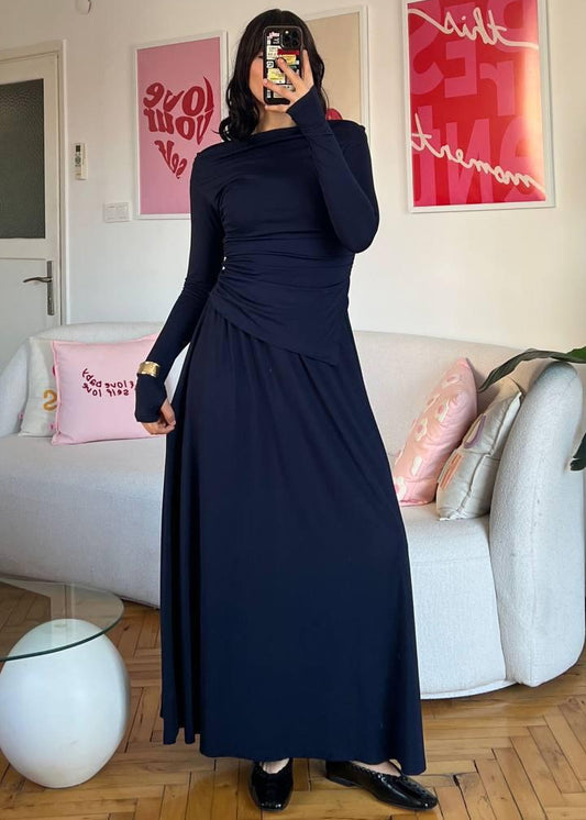 Navy Blue Ruched Top Two Piece Skirt Set