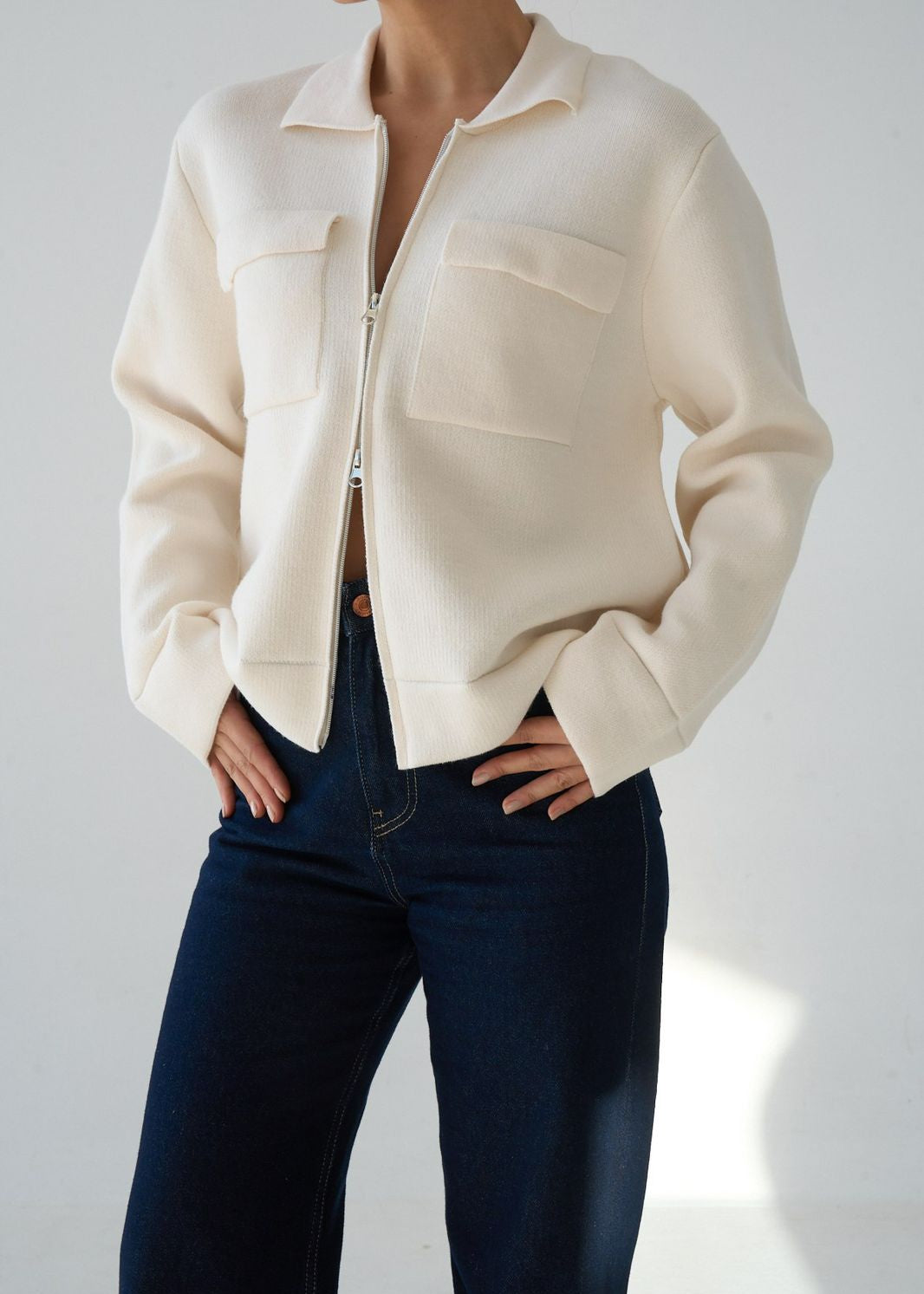 Cream Zip-Up Knit Jacket