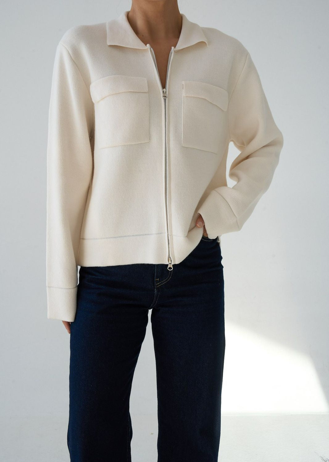 Cream Zip-Up Knit Jacket