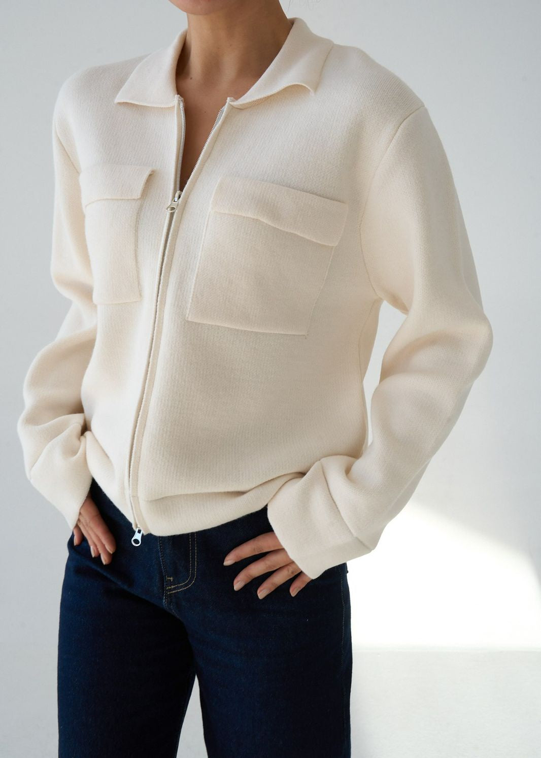 Cream Zip-Up Knit Jacket