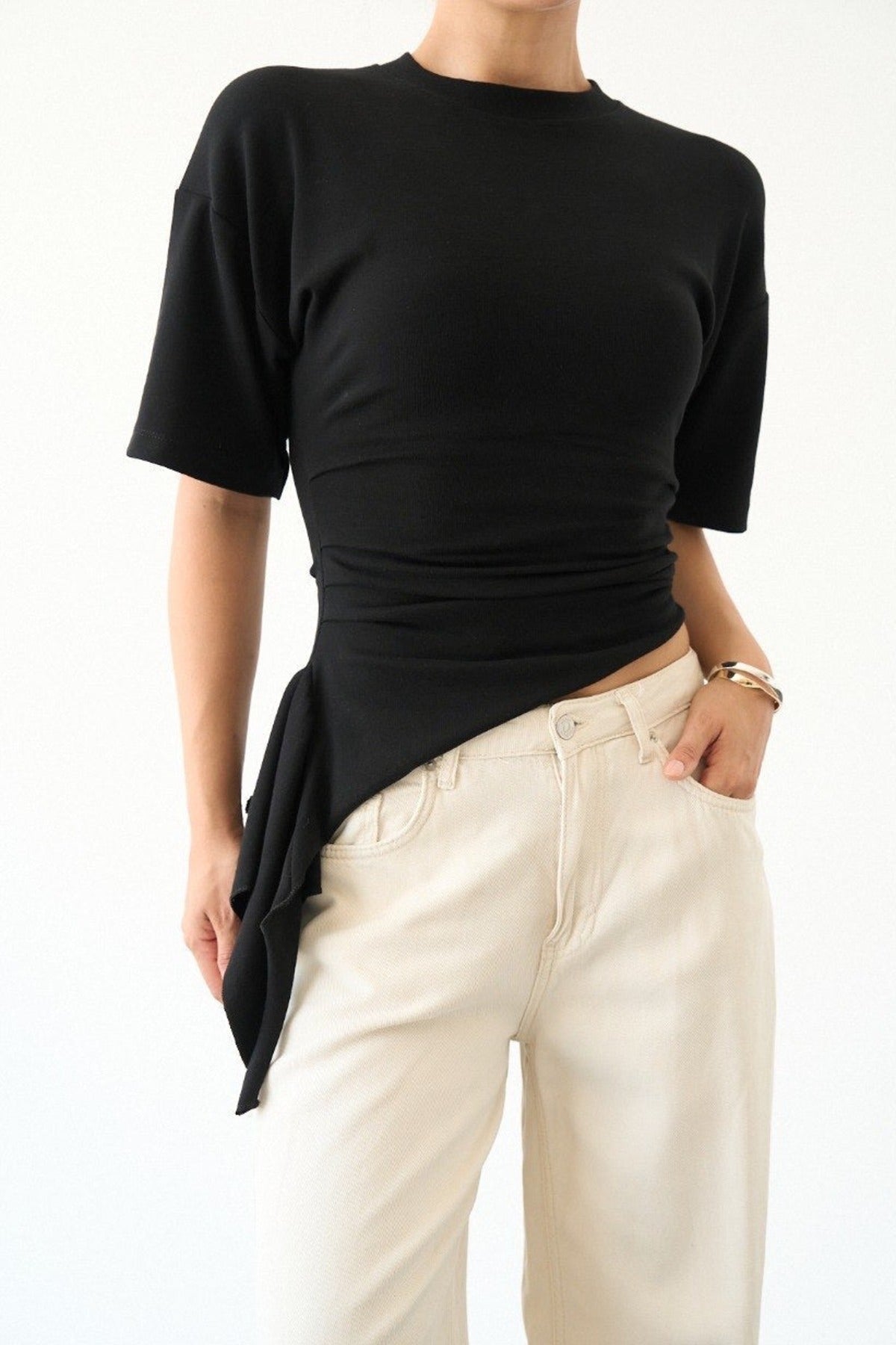 Asymmetric Ruched Top — Black