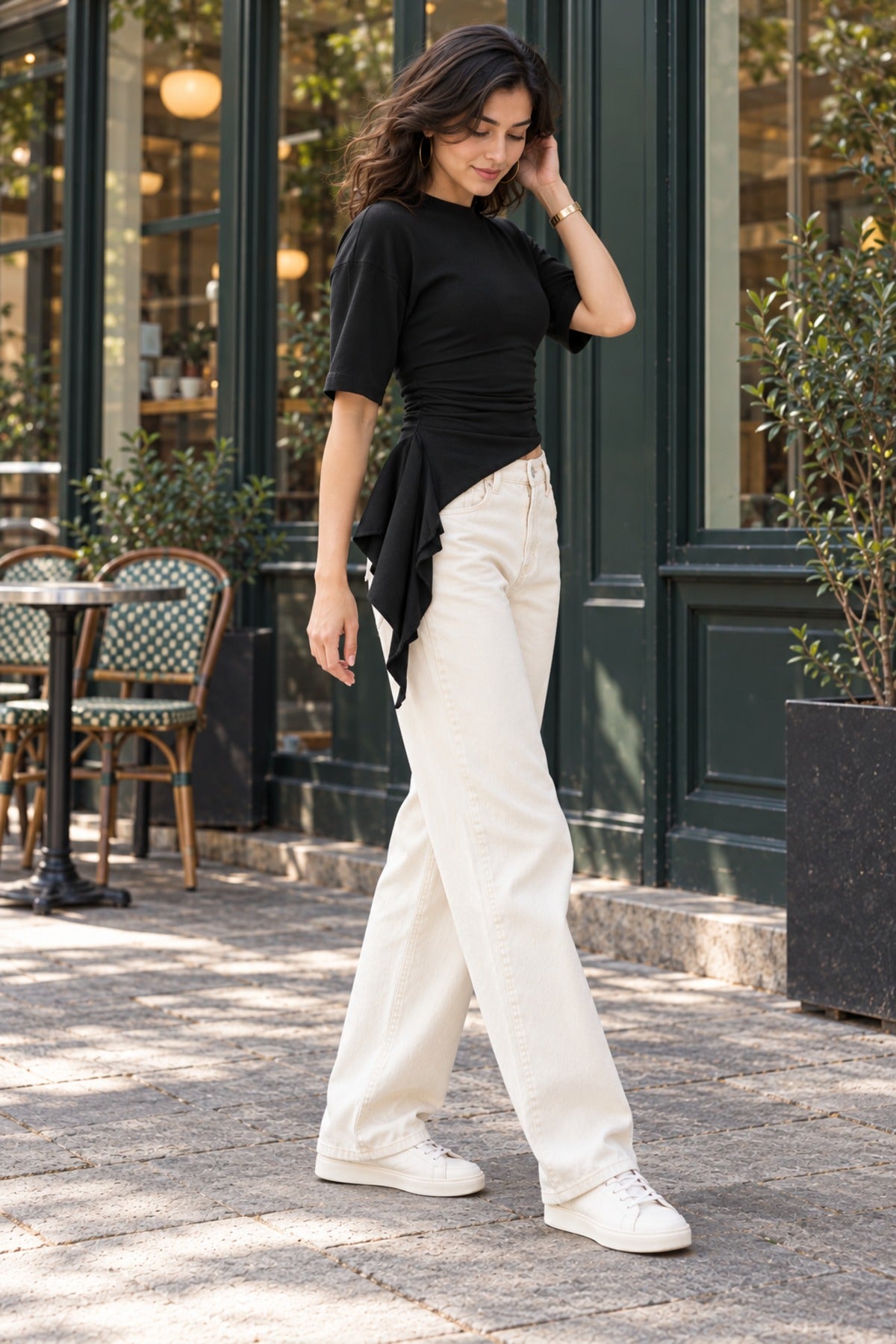 Asymmetric Ruched Top in Black, side view