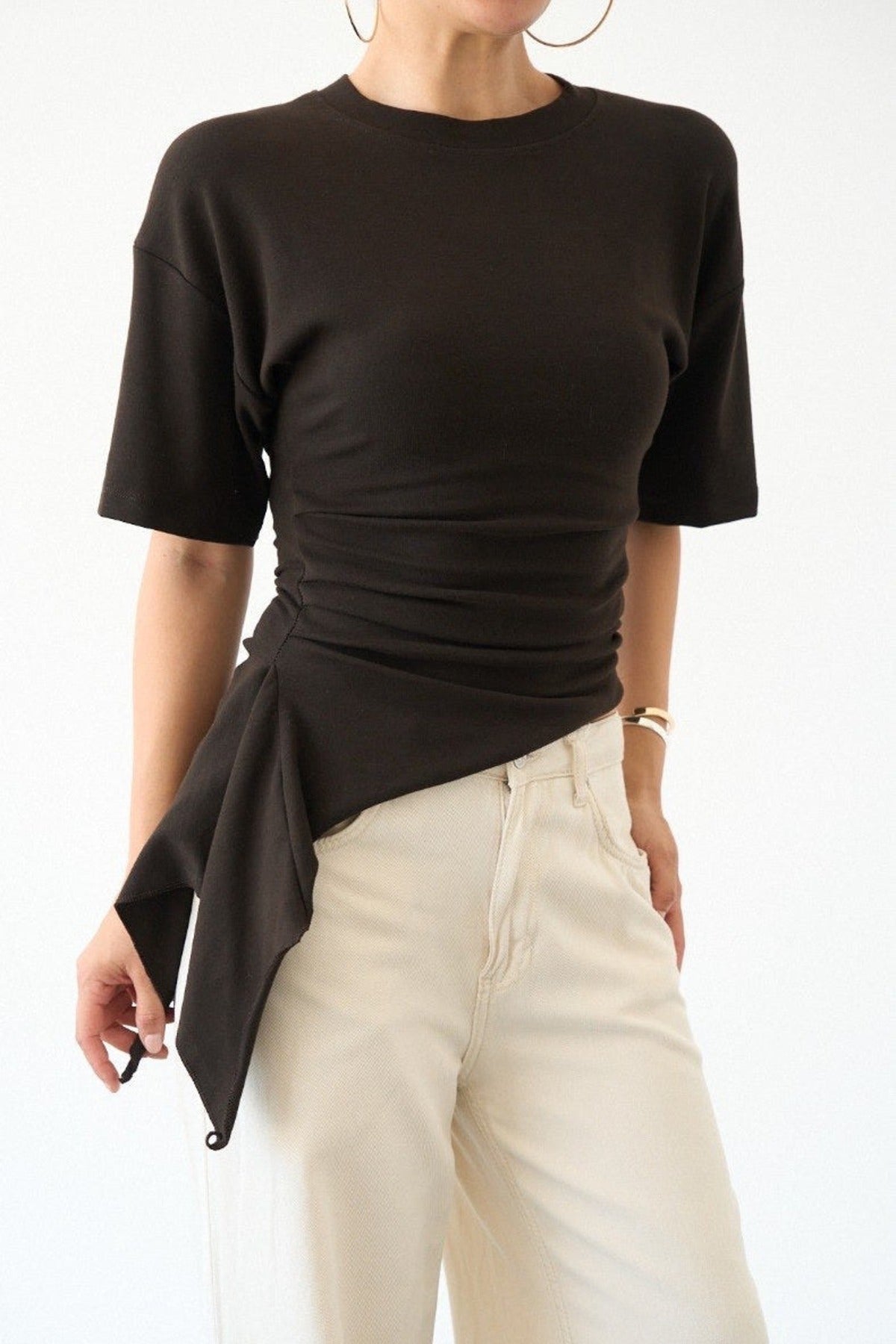 Asymmetric Ruched Top — Brown