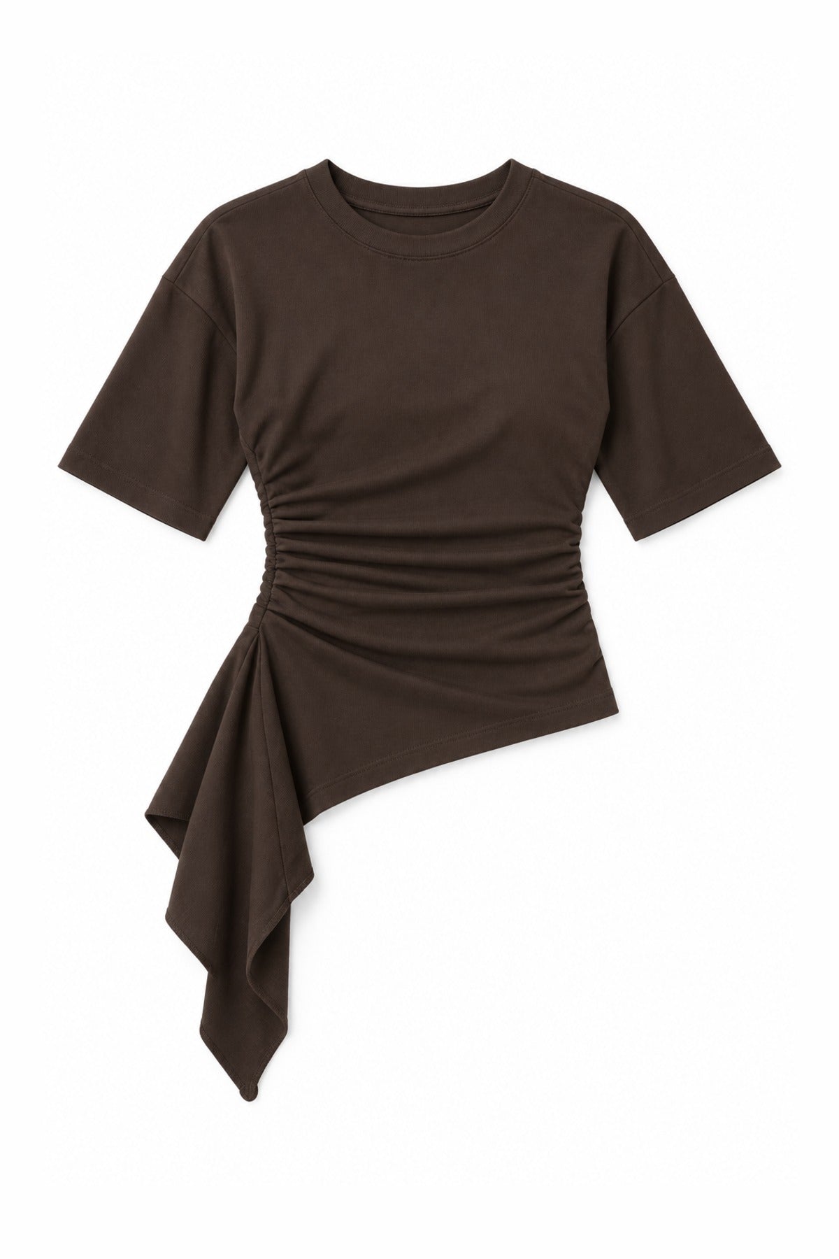 Asymmetric Ruched Top in Brown, flat lay