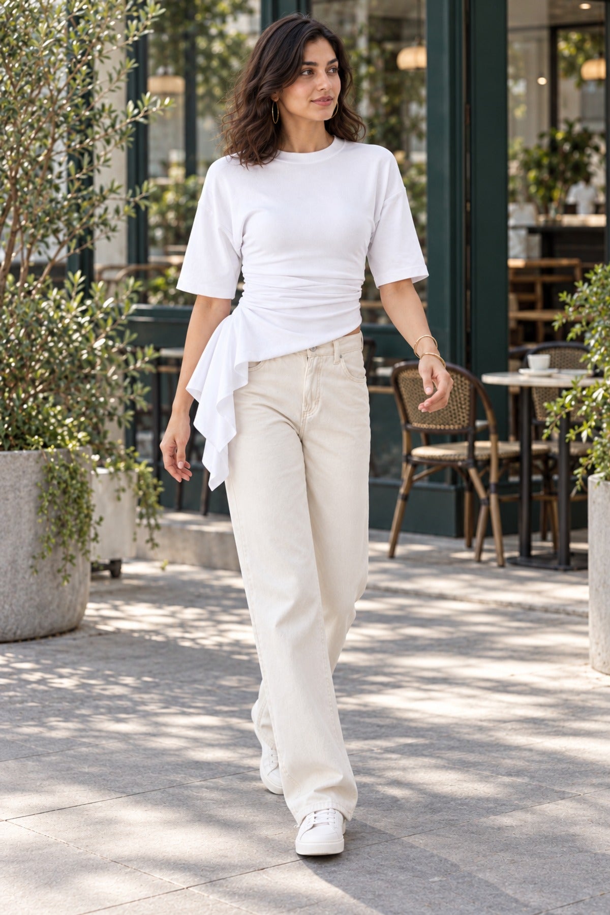 Asymmetric Ruched Top in White, walking