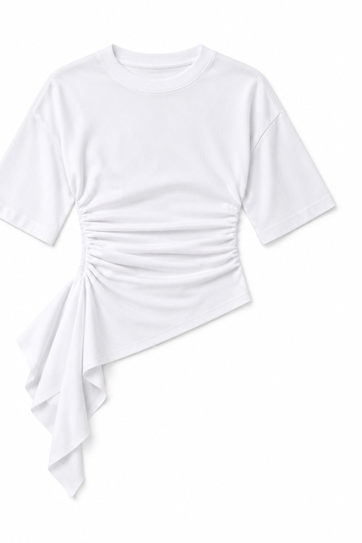 Asymmetric Ruched Top in White, flat lay