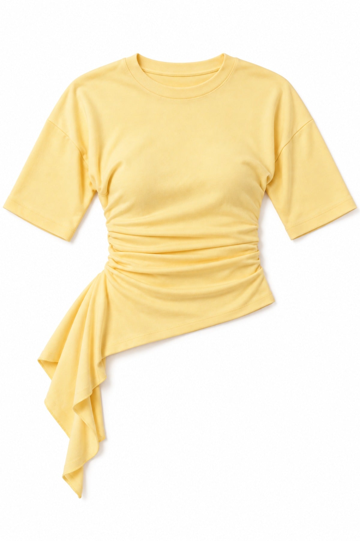 Asymmetric Ruched Top in Yellow, flat lay